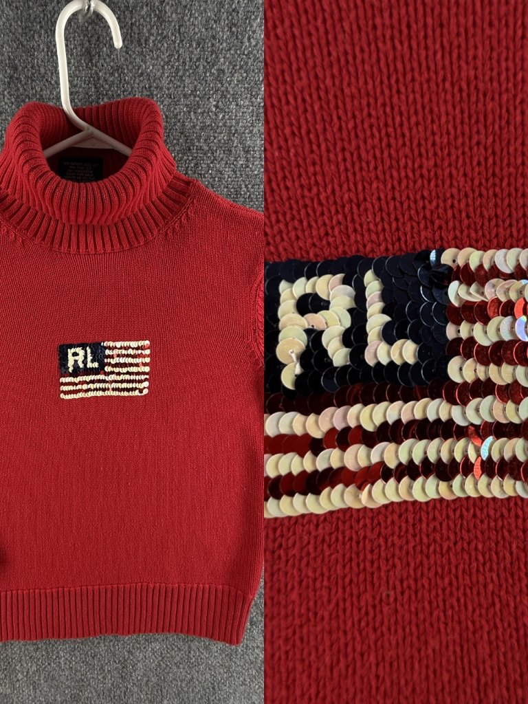 Polo Jeans Ralph Lauren Women Flag Sweater Knit Turtleneck Red Cotton Pullover